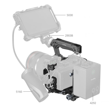 SmallRig 6381 - klatka, uchwyt górny, płytka do akumulatora V-Mount, zacisk kabla do Canon EOS R6 V - przykład użycia